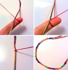 four pictures showing how to make a string bracelet with beads and thread, including the end of an arrow