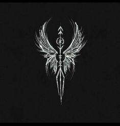 the white angel symbol with wings and arrows on it's back side, against a black background