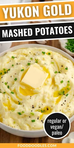 a bowl filled with mashed potatoes and topped with butter