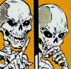 there are two skeleton pictures with one holding a knife and the other eating something in his hand