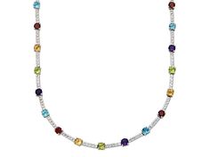 16.44ctw Swiss blue topaz, amethyst, garnet, citrine, peridot, and white topaz rhodium over sterling silver necklace. Measures approximately 0.2" W. lobster claw clasp. Fine Jewelry Multicolor With Accent Stones, Fine Jewelry With Multicolor Accent Stones, Silver Necklace With Cubic Zirconia And Gemstone Accents, White Gold Multi-stone Cubic Zirconia Necklace, Formal Multicolor Sterling Silver Necklace, Sterling Silver Multi-stone Necklace, Sterling Silver Multi-stone Fine Jewelry Necklace, Multi-stone Cubic Zirconia Necklace For Anniversary, Fine Jewelry Cubic Zirconia Necklace With Accent Stones