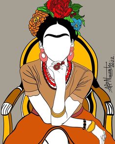 a woman sitting in a yellow chair with flowers on her head and hands to her face