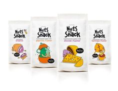 three bags of nut's shack snacks are shown in this undated image, and the packaging is designed to look like cartoon characters