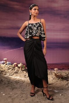 Black cape style top with contrasting floral pattern sequins and cutdana embroidery all over. Comes with a draped skirt. - Aza Fashions Ethereal Design, Embroidered Cape, Cape Top, Cape Tops, Black Cape, Cape Style, Draped Skirt, Set For Women, Indian Outfits