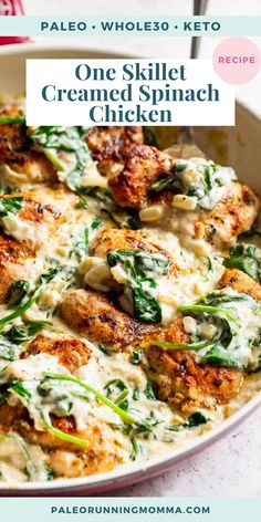 one skillet creamed spinach chicken recipe in a white casserole dish