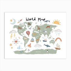 the world map with animals, birds and other things on it's white background