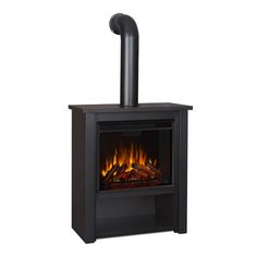 an electric fireplace with a black pole on the top and flames in the bottom part