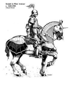 a black and white drawing of a knight on a horse