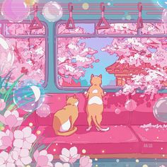 two cats sitting on a couch in front of a window with pink flowers and bubbles