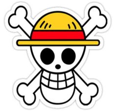 a sticker with a skull wearing a yellow hat and bones on it's side