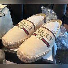 Men’s Gucci Espadrilles Never Worn, With Original Box, Tags, And Certs. Size Is Gucci 11 Which Is A Men’s Size 12. Also Has A Collapsible Leather Heel That Folds Down So You Can Just Slide In And Go Like A Mule Shoe. Original Retail $780 Gucci White Round Toe Espadrilles, White Gucci Espadrilles For Spring, White Casual Gucci Espadrilles, Gucci Luxury Slip-on Espadrilles, Luxury Gucci Slip-on Espadrilles, Designer Beige Slip-on Espadrilles, White Gucci Sneakers For Spring, Designer Beige Espadrilles, Spring White Gucci Sneakers