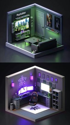 two different views of a computer room with the same color scheme as well as an image