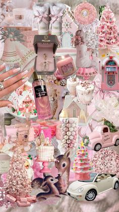 a collage of pink and white items, such as cakes, perfume bottles, hats, and other things