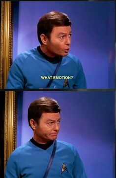 two pictures of the same person in star trek, one with an expression that says what emotion?