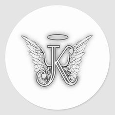 the letter k with wings and an angel's halo is shown in this round sticker