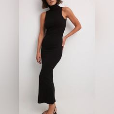 -Size Small -Black -Never Worn Black Ribbed Maxi Dress For Night Out, Black Ribbed Midi Dress For Date Night, Sleek Black High Neck Maxi Dress, Spring Black Ribbed Maxi Dress, Sleek Black Ribbed Bodycon Dress, Black Ribbed Maxi Dress, Black Ribbed High Neck Dress, Black Ribbed Midi Length Maxi Dress, Black Sleeveless Ribbed Maxi Dress