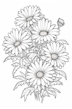 a bouquet of daisies in black and white with leaves on the bottom, as well as