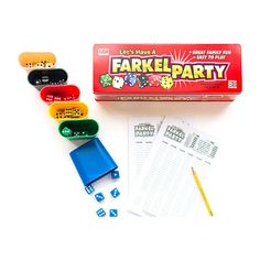 a box of party games and supplies on a white surface