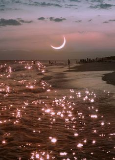 the moon is shining in the sky over the water at night time on the beach