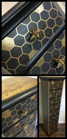 four different views of an old dresser with bees on it