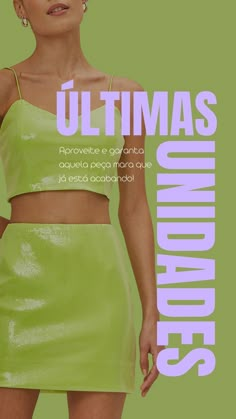 a woman in a green top and skirt with the words ultimass on it