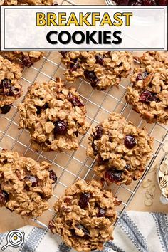 Overhead photo of Breakfast Cookies on a wire rack with recipe title block at the top.