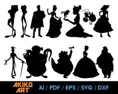 the silhouettes of disney characters in various poses, with text reading akko art all / ppp / eps svg / dxf