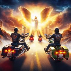 two people on motorcycles riding down the road with angel wings in the sky above them