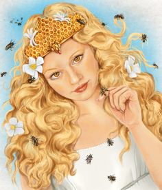 a drawing of a woman with honey combs on her head