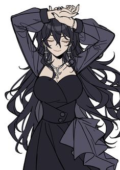 an anime character with long black hair wearing a dress and holding her hands behind her head