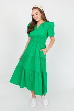 Mills Poplin Midi, Green - SALE - The Blue Door Boutique Spring Workwear Ruched Puff Sleeve Dress, Casual Green Puff Sleeve Dress With Smocked Bodice, Spring Puff Sleeve Dress With Gathered Waist, Casual Pleated Puff Sleeve Dress, Fitted Dress With Elastic Waistband And Puff Sleeves, Blue Door, Pin Tucks, Boutique Clothing, Summer Wedding