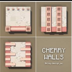 four different views of a building with pink and white tiles on the outside, along with text that reads cherry walls