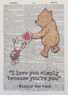 winnie the pooh quote on an old book page with a bear holding a heart