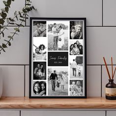 a black and white photo collage with the words family on it is next to a potted plant