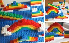 there are several different pictures of legos made to look like boats and rainbows