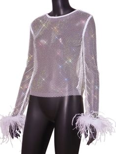 Rhinestone see through feather top. Long Sleeve Tops With Feather Trim For Evening, Long Sleeve Tops With Feathers, Glamorous Party Top With Feather Trim, Glamorous Feather Trim Top For Night Out, Elegant Party Tops With Feather Trim, Elegant Party Top With Feather Trim, Glamorous White Tops With Rhinestones, Y2k Rhinestone, Feather Top