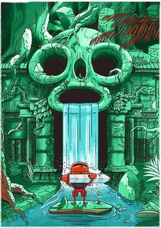 an image of a cartoon character standing in front of a waterfall with water coming out of it