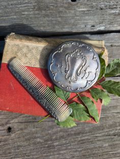 two combs sitting next to each other on top of a red cloth with green leaves