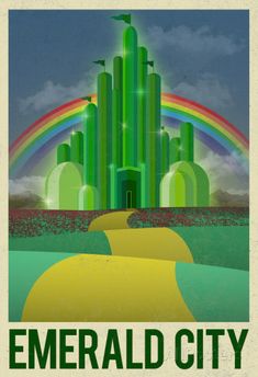 the wizard's castle in emerald city is shown with rainbows and clouds above it