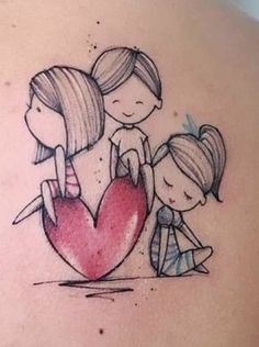 a woman's back with a drawing of two girls holding a heart