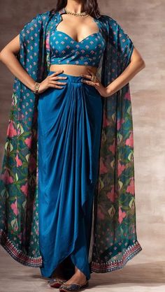 Cape For Women, Lotus Print, Floral Print Crop Top, Strappy Crop Top, Draped Skirt, Indian Dress, Party Wear Indian Dresses, Crop Top Outfits, Print Crop Tops