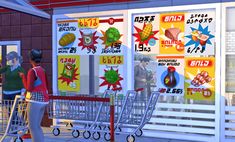 an animated image of two people in front of a grocery store with their shopping carts