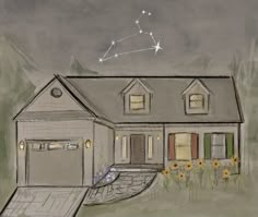 a drawing of a house with sunflowers in the foreground and stars above it