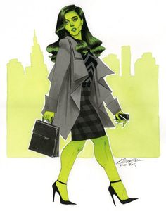 a drawing of a woman walking down the street wearing green tights and black heels