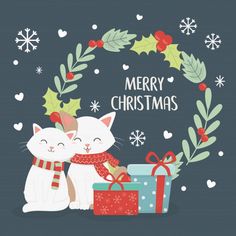 two white cats sitting next to each other with presents in front of them and the words merry