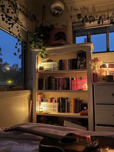 a bedroom with a book shelf filled with lots of books next to a large window