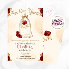 a card with a bell and roses on it