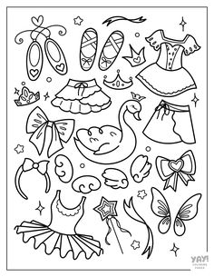 a coloring page with different items for children's clothing and accessories, including shoes