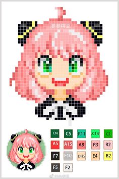 the pixel art is designed to look like an anime character with pink hair and green eyes