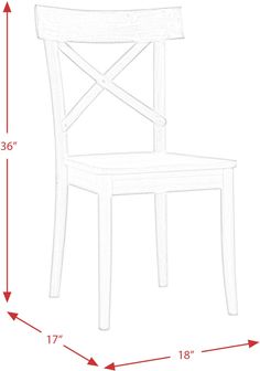 a white chair with measurements for the seat and back